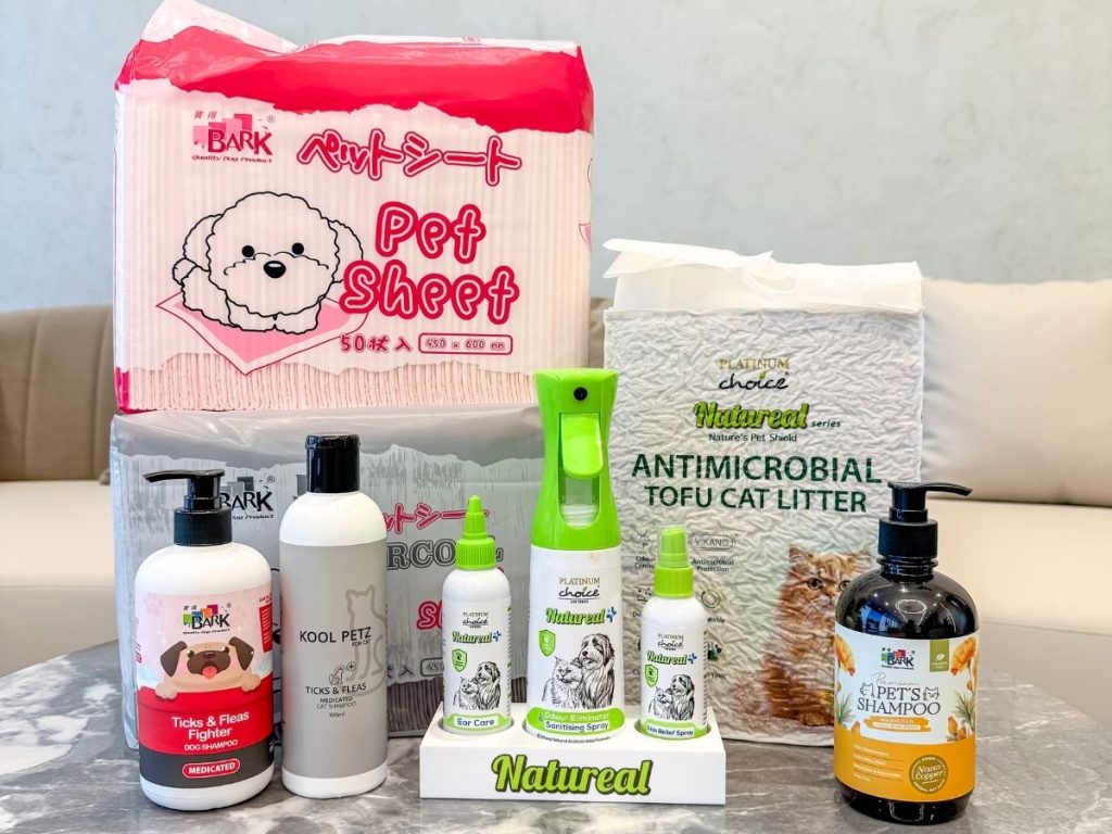 Pet care and hygiene products including cat litter, grooming and antimicrobial solutions in Malaysia