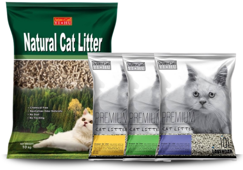 Aristo-Cats cat litter range featuring Natural Pine Cat Litter and Premium Bentonite Cat Litter by Qian Hu Malaysia