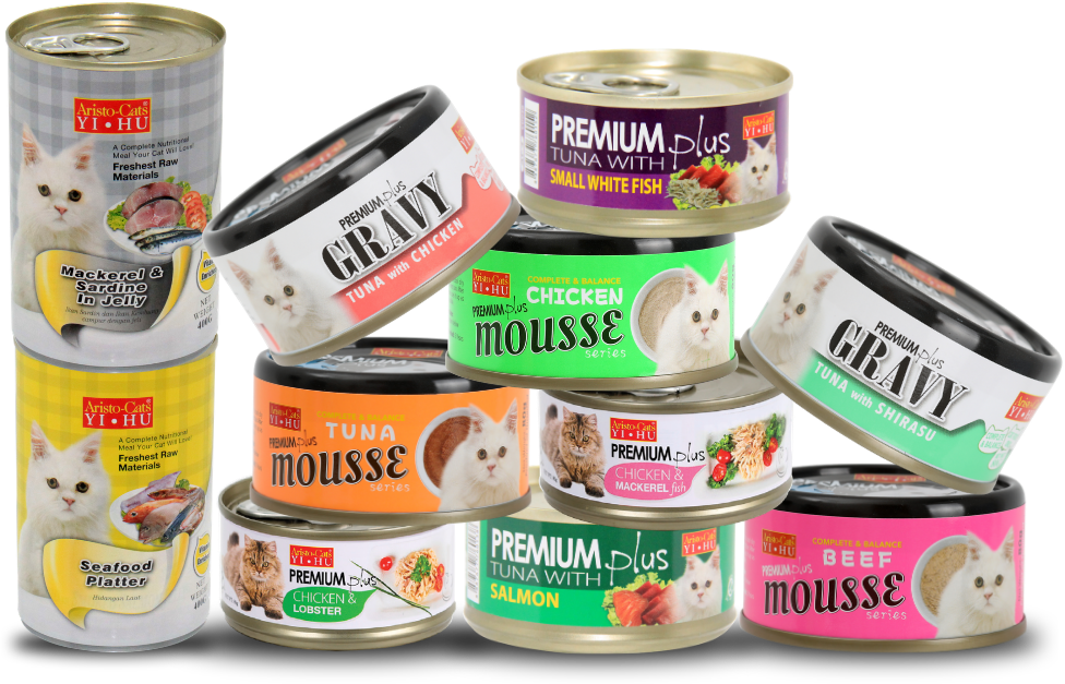 Aristo-Cats wet cat food range featuring Tuna Series, Chicken Series, Gravy Series and Health Care recipes by Qian Hu Malaysia