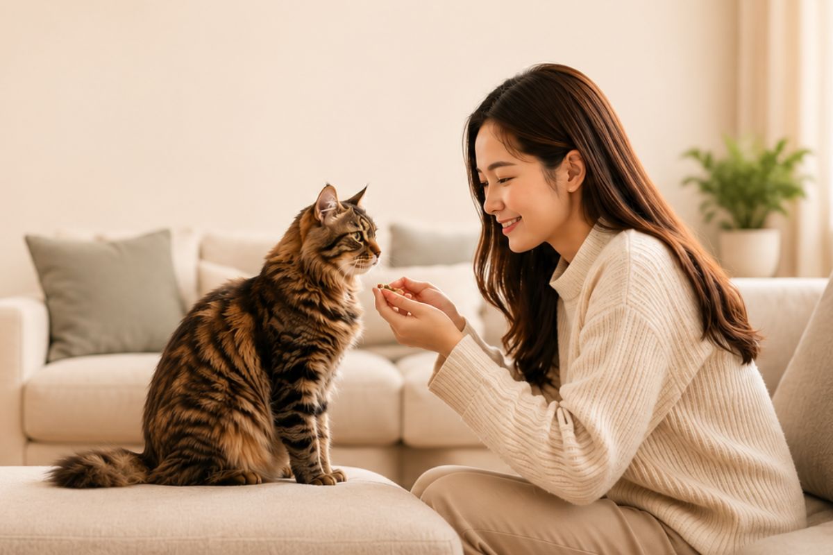 Cat owner interacting with a healthy cat supported by Aristo-Cats nutrition and care solutions by Qian Hu Malaysia