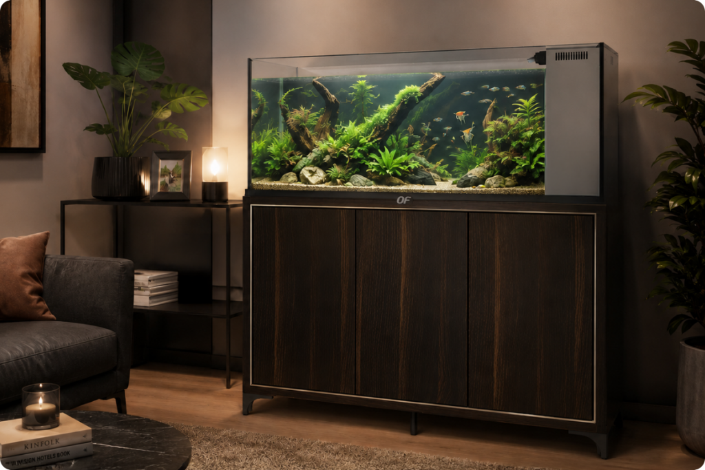 Ocean Free planted aquarium with cabinet in a modern living room