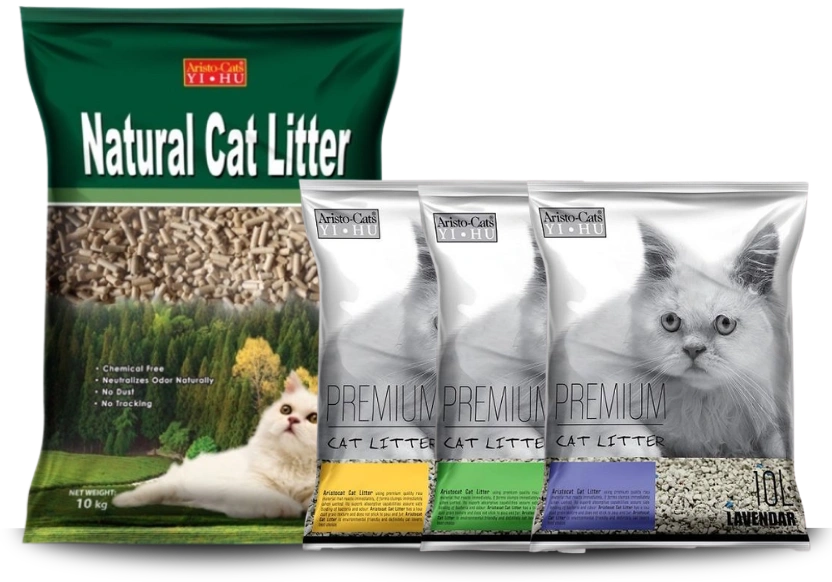 Aristo-Cats cat litter range featuring Natural Pine Cat Litter and Premium Bentonite Cat Litter by Qian Hu Malaysia