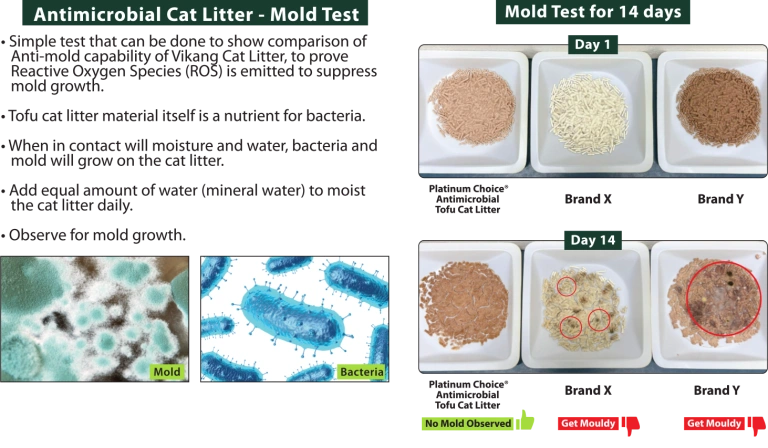 Comparative mould test showing Natureal cat litter resisting visible mould growth after 14 days compared to conventional cat litter.