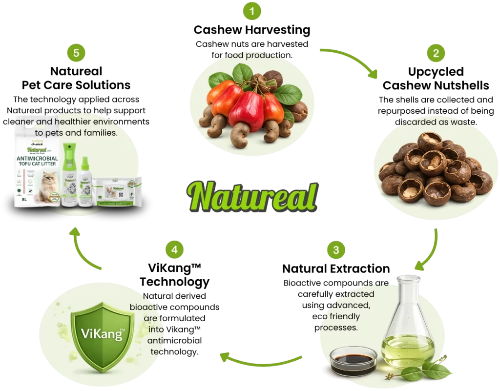Natureal sustainability cycle showing how upcycled cashew nutshells are transformed into ViKang technology and pet care solutions.