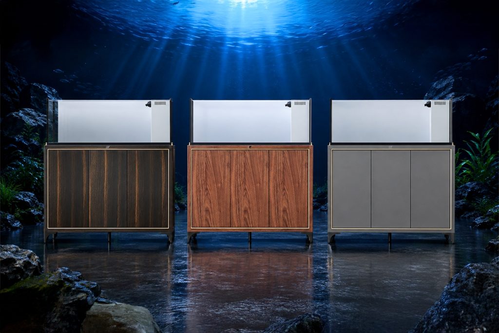 Ocean Free aquarium tanks with wood and grey cabinets