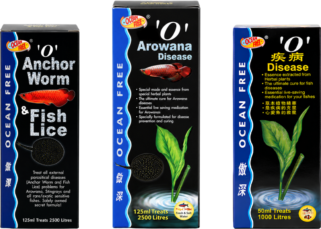 Ocean Free O Series medication with Anchor Worm and Fish Lice, Arowana Disease and general fish disease treatments