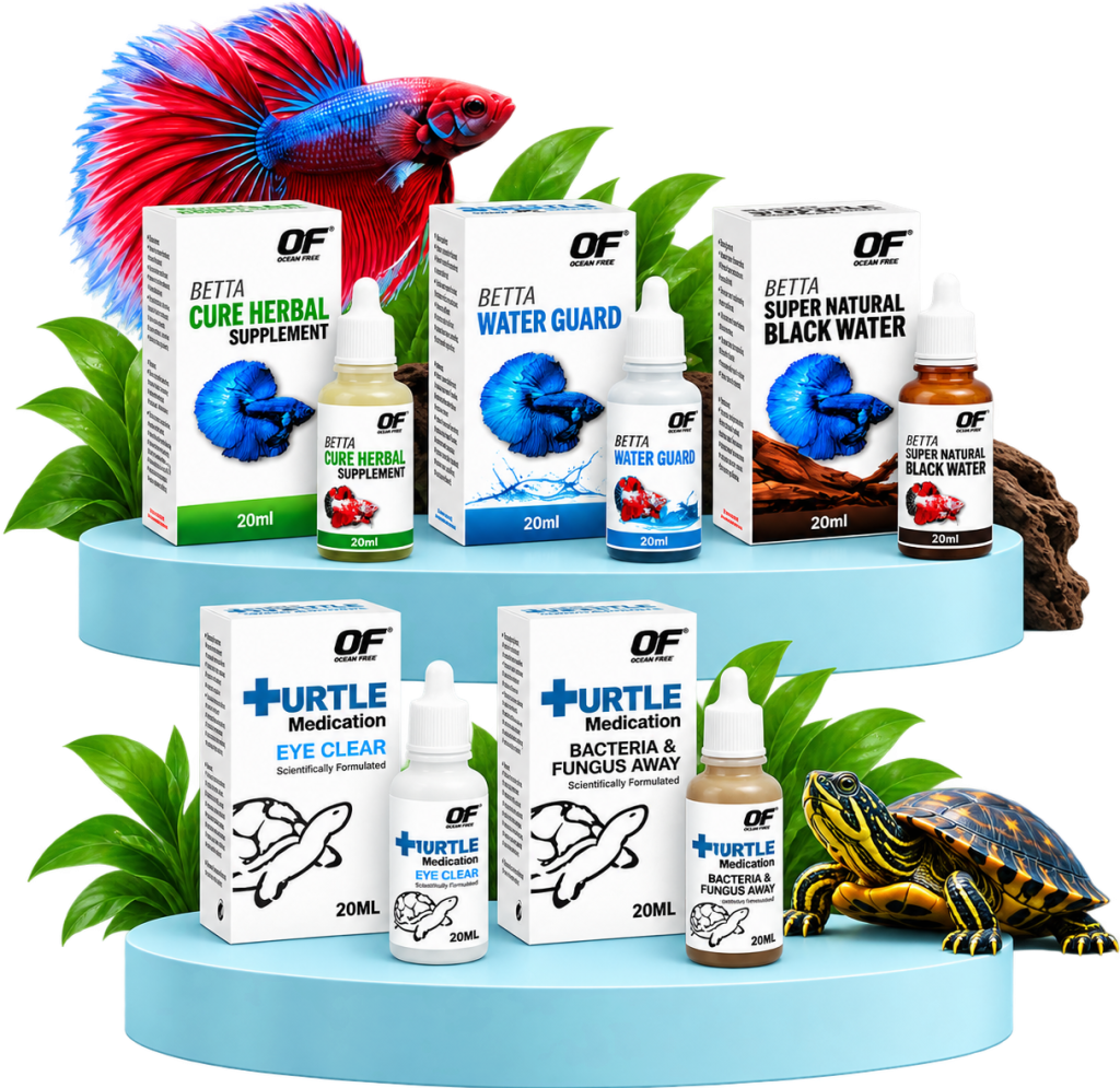 Ocean Free Betta and Turtle Medication range for betta fish care, water conditioning and aquatic turtle health support