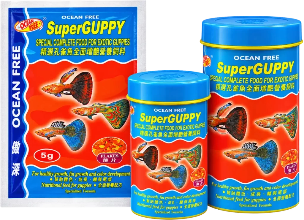 Ocean Free Super Guppy fish food flakes for guppy growth fin development and natural colour