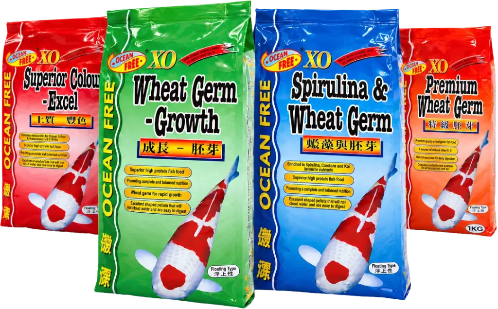 Ocean Free XO Koi Food Series with colour, growth, spirulina and wheat germ formulas for koi nutrition